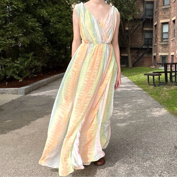 Anthropologie Lil Watercolor Tie-dye  Pastel Rainbow Maxi Dress, Size 4 - Picture 3 of 11
